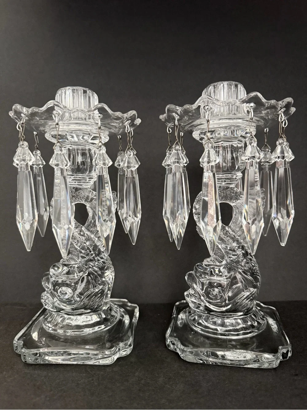 Pair of Cambridge Glass Candle Holders Fish Figure Bases w/Crystal Prisms 9,5